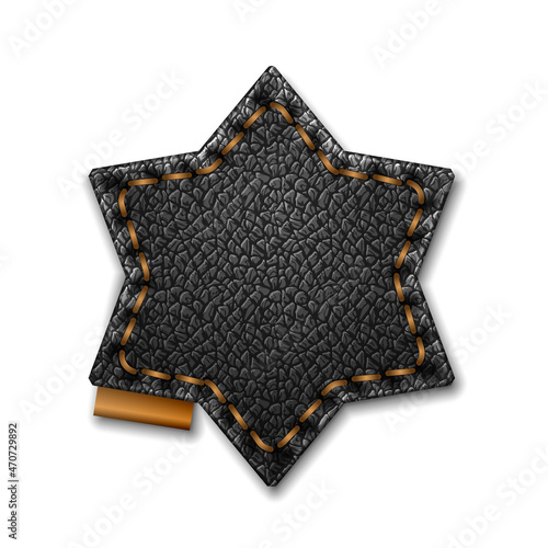 Blank star stitched black leather label isolated on white background vector template.