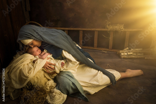 Leinwand Poster Nativity scene sleeping mother