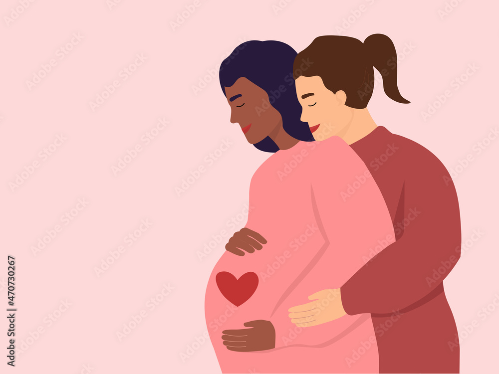 Lesbian family hugs in profile. A pregnant woman is expecting a baby. The concept of motherhood, equality, tolerance to LGBT. Vector graphics. Lesbian family hugs in profile. A pregnant woman is expecting a baby. The concept of motherhood, equality, tolerance to LGBT. Vector graphics.