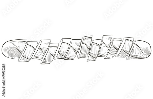 French bread baguette. Long loaf. Rye whole grain baked bread. Vector sketch realistic line vintage illustration.
