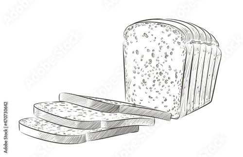 Vector sliced bread. The cut loaf of square toast bread for sandwich. Logo, icon. Sketch realistic line vintage illustration