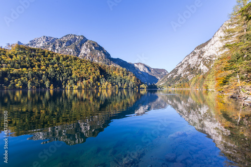 Idyllic mountain lake Leopoldsteinersee surrounded by mountains in Austria