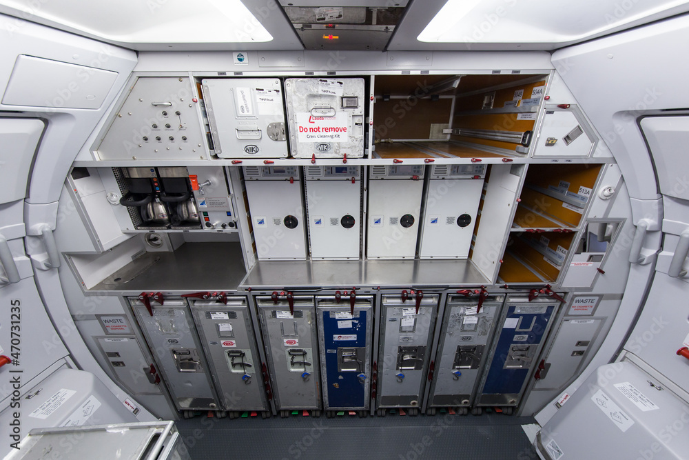 Aircraft galley in the aft section of an Airbus A320. Stock Photo