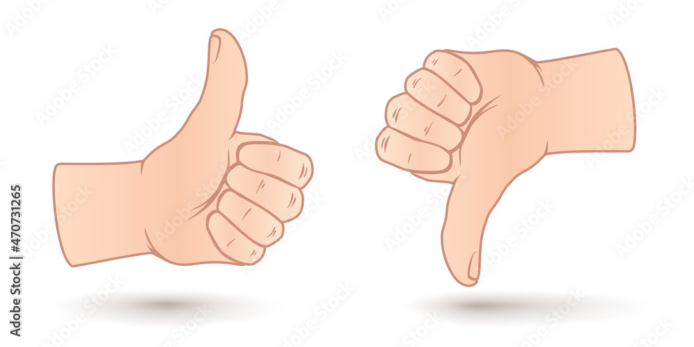 Vector set icons of like and dislike. Vector illustration of hands.