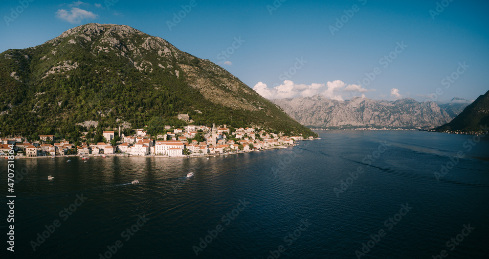 Perast at the foot of the mountain on the shore of the Kotor Bay. Montenegro