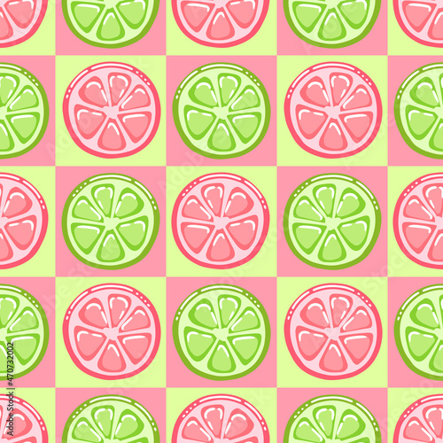 Pink grapefruit and green lime checkerboard seamless pattern. Hand drawn freehand vector illustration in vibrant colors. Exotic colorful design for textile, wrapping paper, covers, wallpapers.