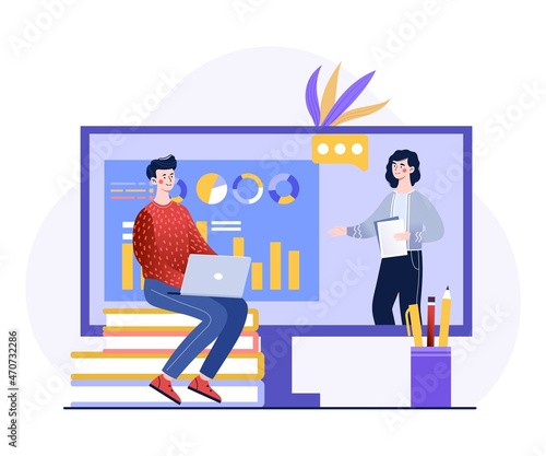 Concept of online courses. Electronic learning tools, online courses, internet training. Man watches video on laptops. Presentation, modern technologies, graph. Cartoon flat vector illustration