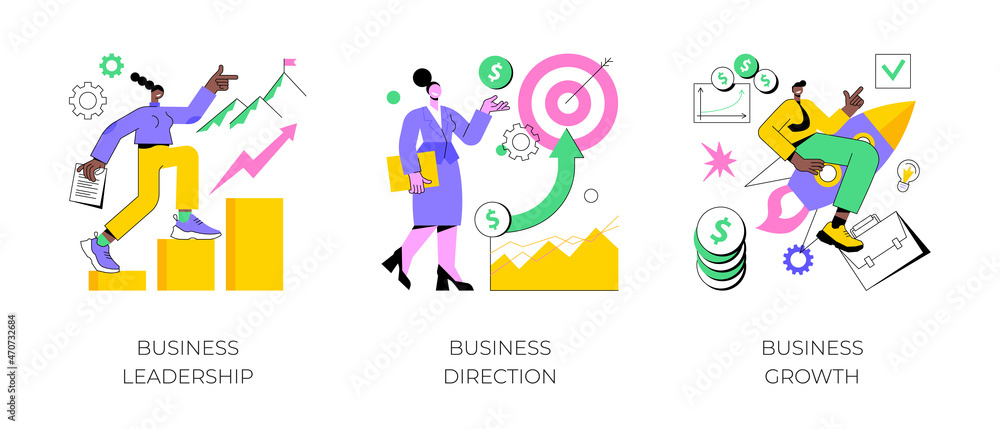 Business strategy abstract concept vector illustration set. Business leadership, direction and growth, goal achievement, planning, vision and setting goals, team investment abstract metaphor.