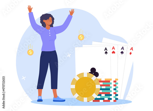 Concept of gambling income. Addiction, girl rejoices in casino. Character wins game of poker. Woman stands next to chips. Four aces, card games, metaphor of fortune. Cartoon flat vector illustration