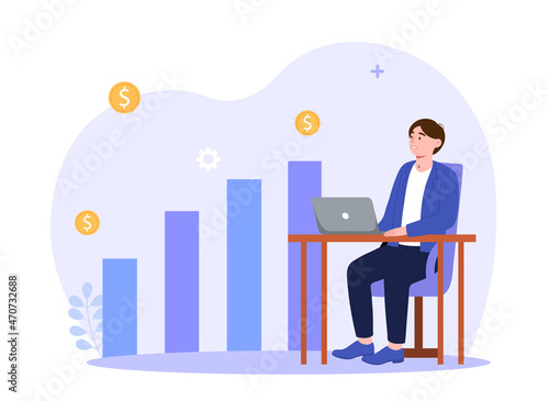 Concept of passive income. Woman sits at laptop, and money comes to her account. Growth of income, right investments. Character receives profits from stocks. Cartoon flat vector illustration