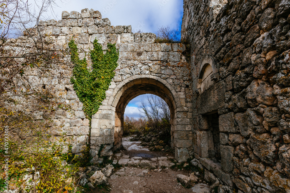 Old ruined fortress gate, Mangup-Kale city in the Republic of Crimea