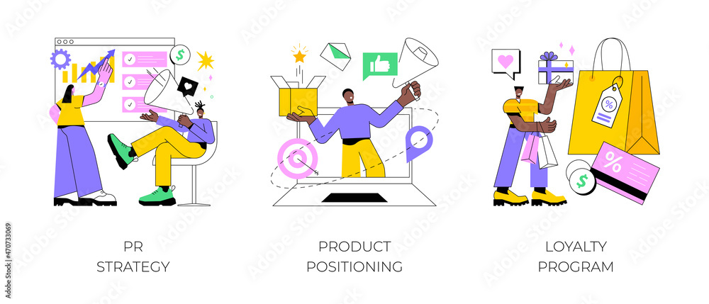 Brand communication abstract concept vector illustration set. PR strategy, product positioning, loyalty program, advertising campaign strategy, attract customer, online promotion abstract metaphor. Brand communication abstract concept vector illustration set. PR strategy, product positioning, loyalty program, advertising campaign strategy, attract customer, online promotion abstract metaphor.