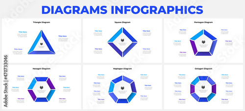 Set of geometrical cycle infographic. Business data visualization. Template for presentation. Design concept with 3, 4, 5, 6, 7 and 8 options