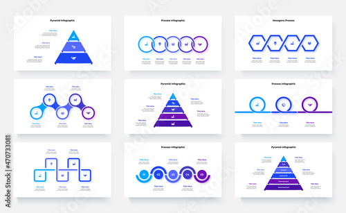 Set of nine infographics templates. Slides with pyramids, diagrams and timelines elements. Business data visualization concept. Vector illustration for presentation or statistical report