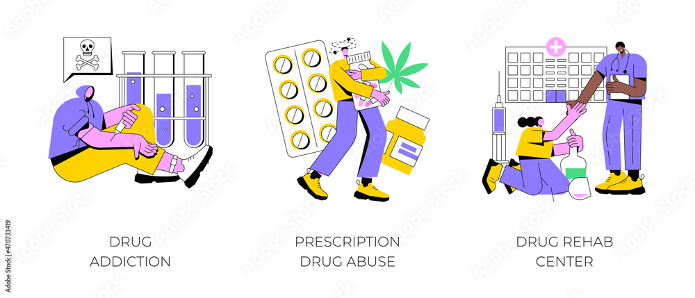 Fototapeta premium Drug addiction abstract concept vector illustration set. Drug monitoring, prescription medication abuse, rehab center, overdose, therapy clinic, ankle bracelet, detox abstract metaphor.