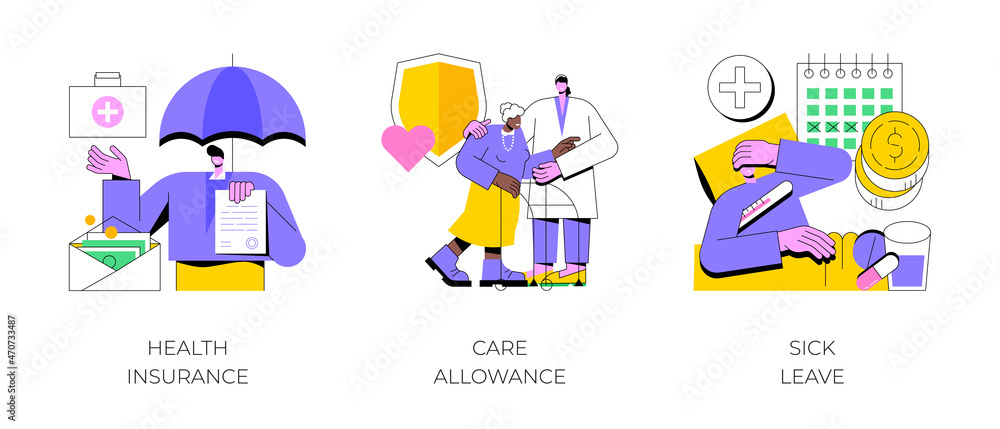 Fototapeta premium Medical care abstract concept vector illustration set. Health insurance, care allowance, sick leave, application form, emergency coverage, home nurse, social insurance, home office abstract metaphor.