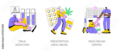 Drug addiction abstract concept vector illustration set. Drug monitoring, prescription medication abuse, rehab center, overdose, therapy clinic, ankle bracelet, detox abstract metaphor.