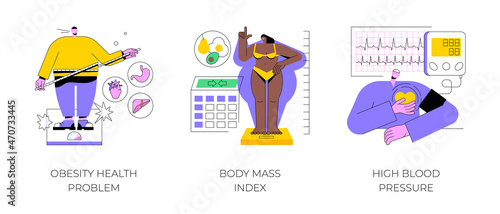 Obese people abstract concept vector illustration set. Obesity health problem, body mass index, high blood pressure, nutrition plan, junk food, body fat, heart attack, diabetes abstract metaphor.