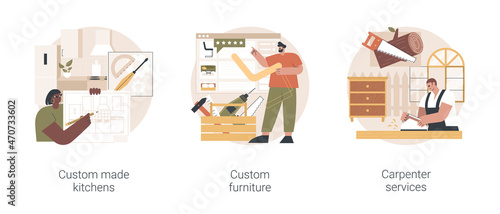 Home renovation abstract concept vector illustration set. Custom made kitchen and furniture, carpenter services, bespoke design idea, backsplash tile, artisan manufacturing abstract metaphor.