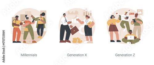 Generational change abstract concept vector illustration set. Millennials, Generation X and Z, digital native, middle age, parents, hyper-connected world, childhood with tablet abstract metaphor.