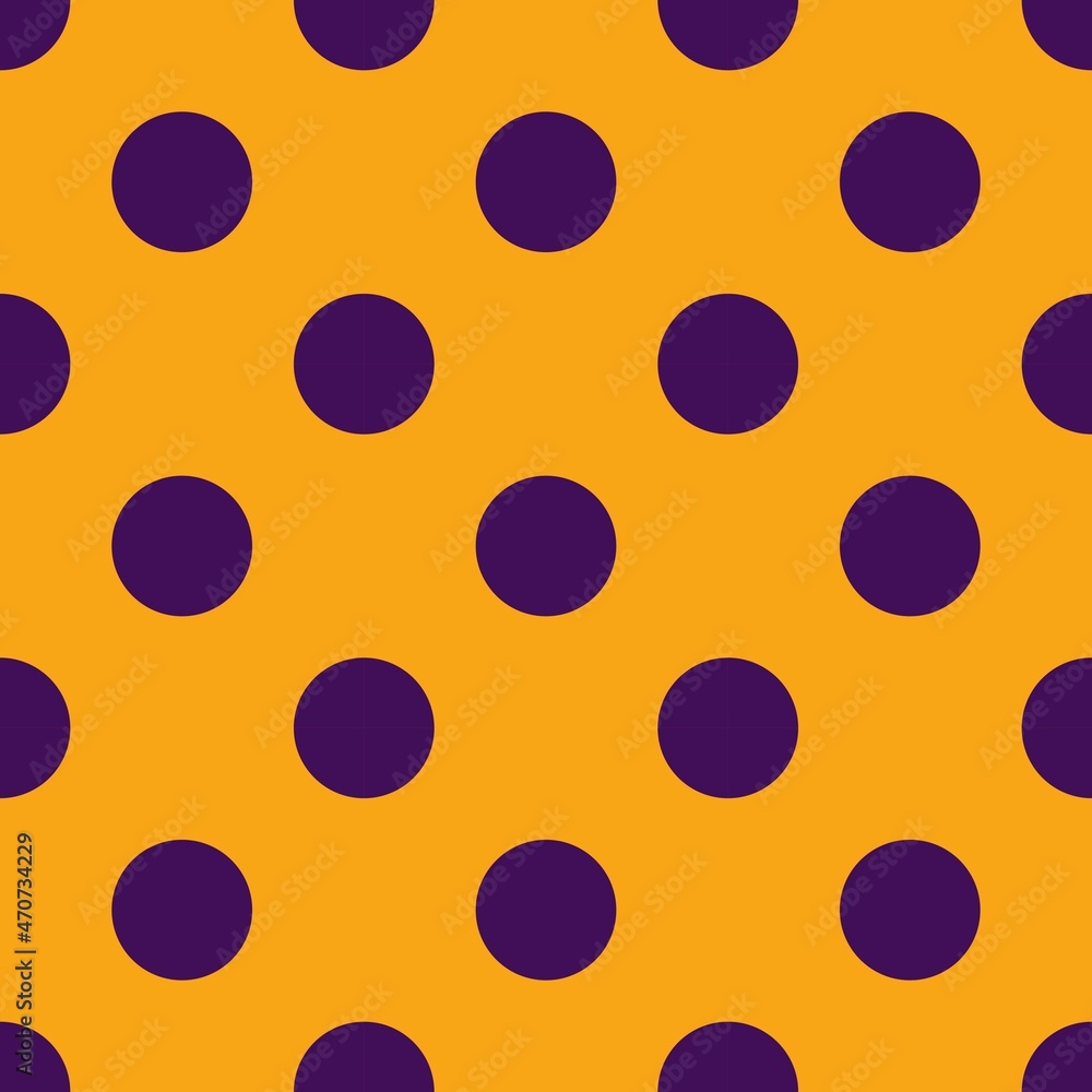 Purple polka dots, seamless pattern on orange background. Vector illustration. Happy Halloween. Purple polka dots, seamless pattern on orange background. Vector illustration. Happy Halloween.