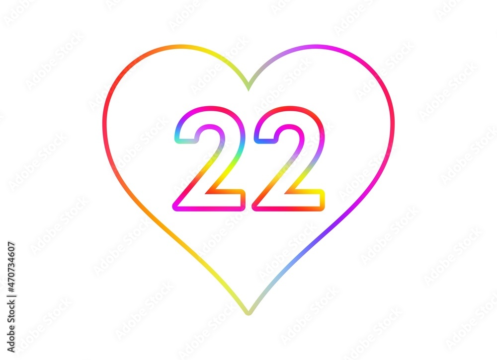 Number 22 into a white heart with rainbow color outline.
