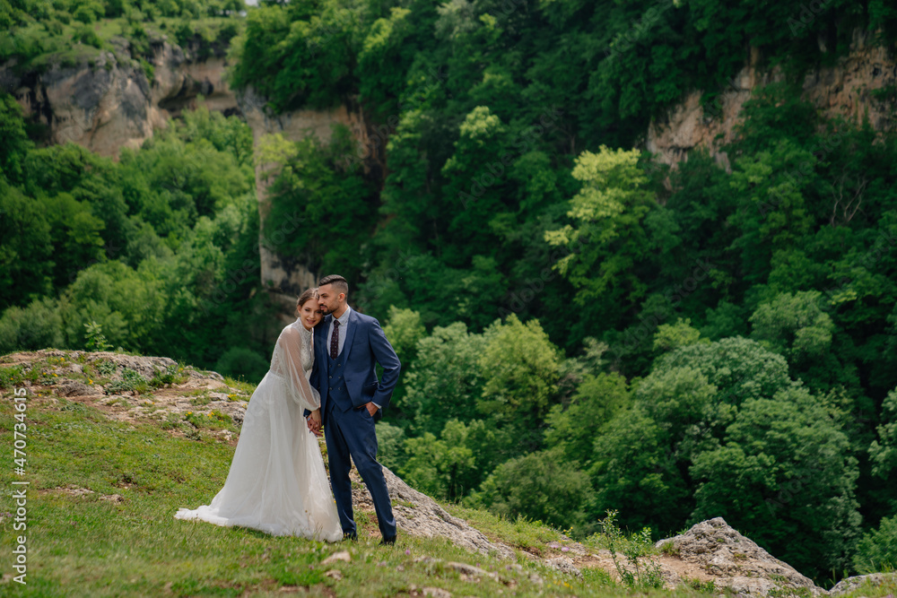 beautiful newlyweds against backdrop of mountain forest. wedding in mountains. 
