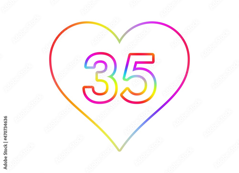 Number 35 into a white heart with rainbow color outline. Number 35 into a white heart with rainbow color outline.