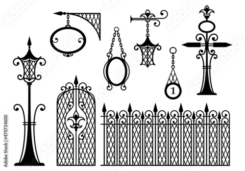 Decorative fence with gate, signboards, lanterns and pointers. Metal entrance, street lights, signs in vintage style. Exquisite and beautiful forged design elements. Black silhouette. Vector
