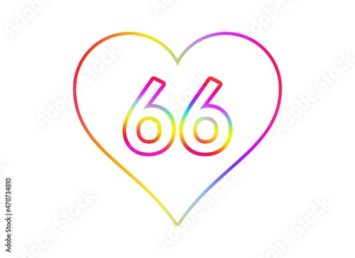 Number 66 into a white heart with rainbow color outline.