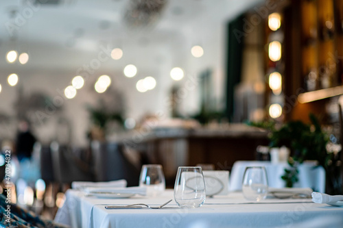 Table arrangement in an expensive haute cuisine restaurant