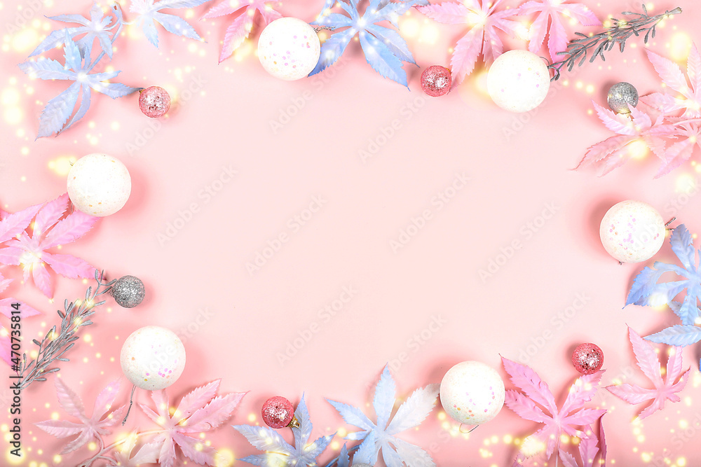 Christmas composition and concept of new year 2022, beautiful holiday decorations on a light background with bright bokeh and snow, postcard,
