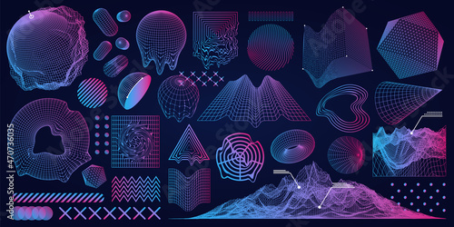 Retrofuturistic holographic objects in the style of the 80-90s. Universal geometric shape with liquid glitch effect, vaporwave, synthwave shapes, for pints, t-shirts, posters, covers and products