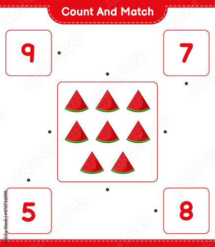 Count and match, count the number of Watermelon and match with the right numbers. Educational children game, printable worksheet, vector illustration