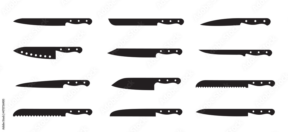 Kitchen knives. Knife for butcher. Set of sharp knives for barbecue, cheese, meat, bread, fish, vegetable and steak. Cutlery for dining, chef , restaurant. Blade with handle. Different icons. Vector.