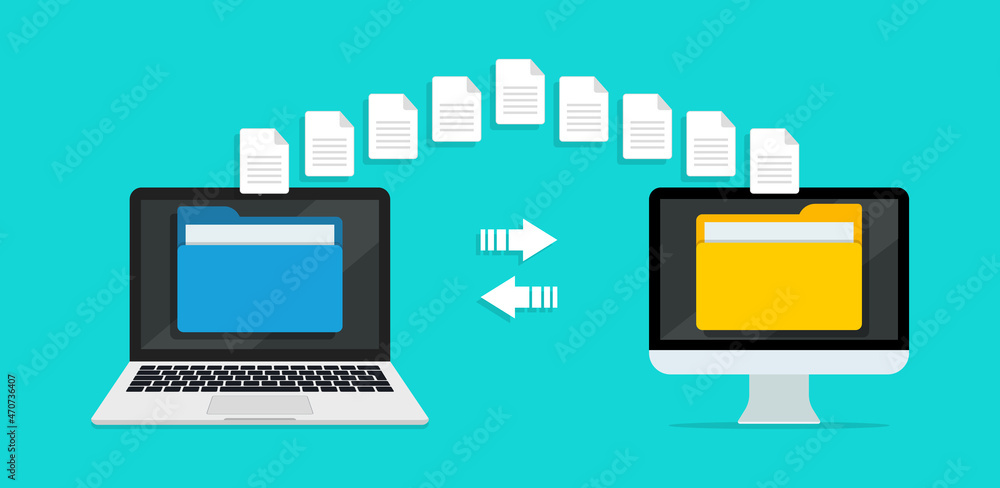Transfer file of data between laptop and computer. Transmission of document. Backup of information on pc system. Exchange of file on folder in laptop. Send and move of document in internet. Vector Transfer file of data between laptop and computer. Transmission of document. Backup of information on pc system. Exchange of file on folder in laptop. Send and move of document in internet. Vector