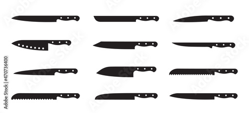 Kitchen knives. Knife for butcher. Set of sharp knives for barbecue, cheese, meat, bread, fish, vegetable and steak. Cutlery for dining, chef , restaurant. Blade with handle. Different icons. Vector.