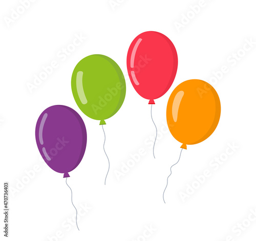 Balloon in cartoon style. Bunch of balloons for birthday and party. Flying ballon with rope. Purple  red  green  orange ball isolated on white background. Flat icon for celebrate and carnival. Vector