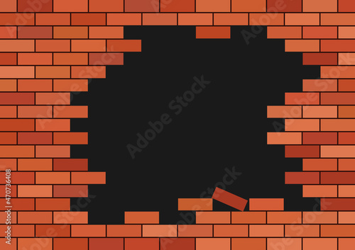 Broken brick wall. Broken red brick building with black hole. Red background with frame for info. Texture of castle or stone house. Crack on stonewall. Construction with concrete for tile. Vector