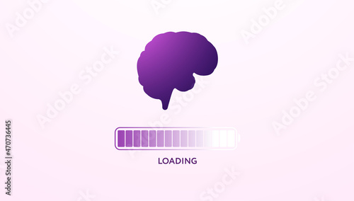 Vector illustration with charging mental battery concept. Human brain silhouette with loading symbol on light backdrop