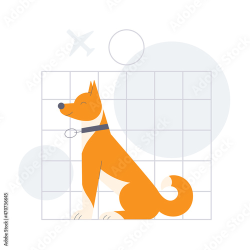 Dog sitting in crate carriage at the airport. Pets air traveling concept flat vector illustration.