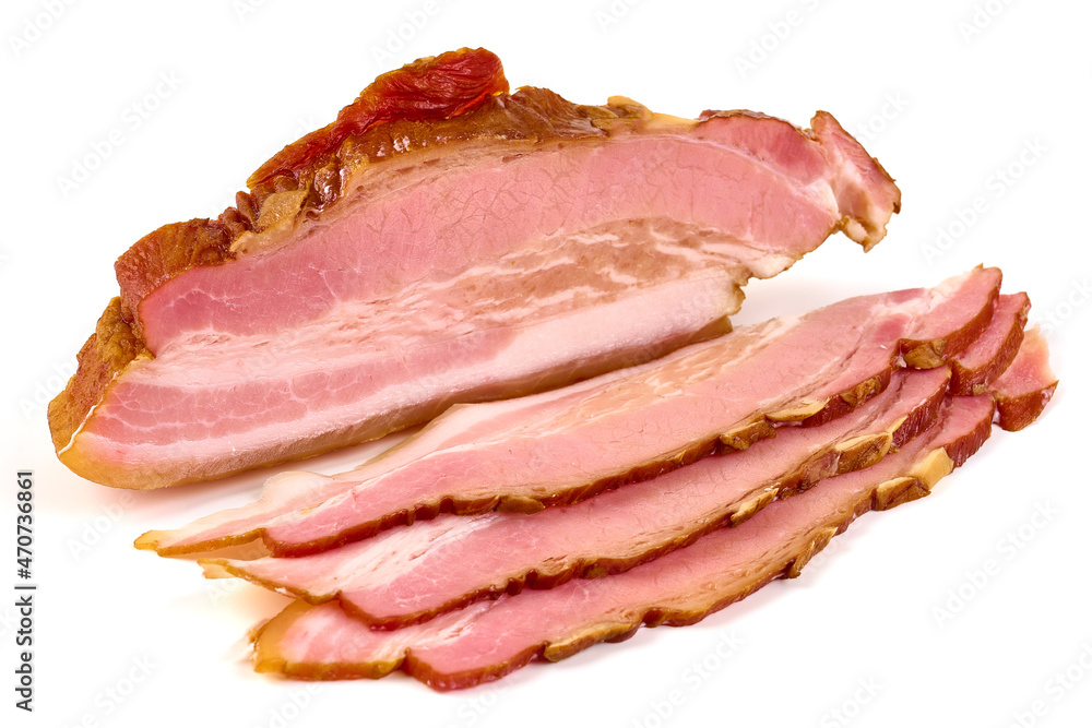 Fresh bacon slices, isolated on white background. Fresh bacon slices, isolated on white background.