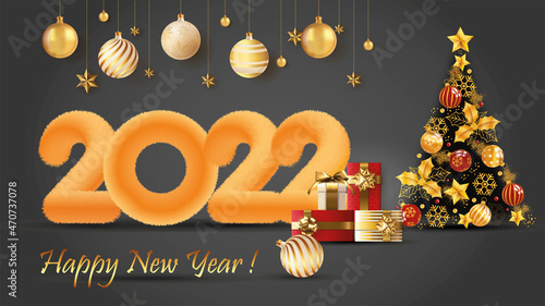 Realistic Christmas or New Year card with christmas tree and boxes o presents