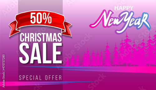 Christmas sale  up to 50  off  square purple discount banner with Large letters  red ribbon  button and Christmas tree branch