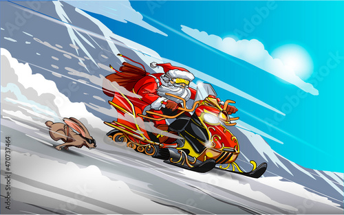 Santa Claus on a snowmobile and rabbit. Snow racing. Happy new year. Merry Christmas.