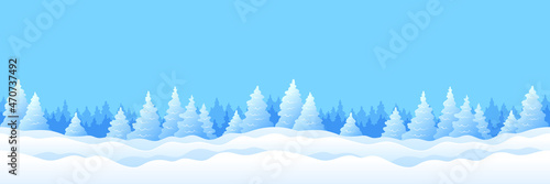 Winter background with snowy fir trees, seamless horizontal pattern