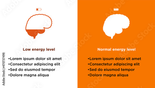 Low vs full mental energy. Vector illustration. Charging human brain. Two-tone poster with copy space