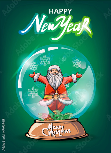 Happy New year, vertical green banner with snow globe with snowman