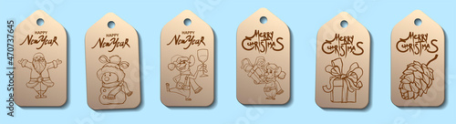 Christmas sybmol, tag, badge with Santa, rat,gift,box and snowman