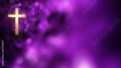 Christian Cross on liturgical purple horizontal copy space background loop. 3D illustration for online worship and social media greetings to represent Advent, Lent season and wealth, power and royalty